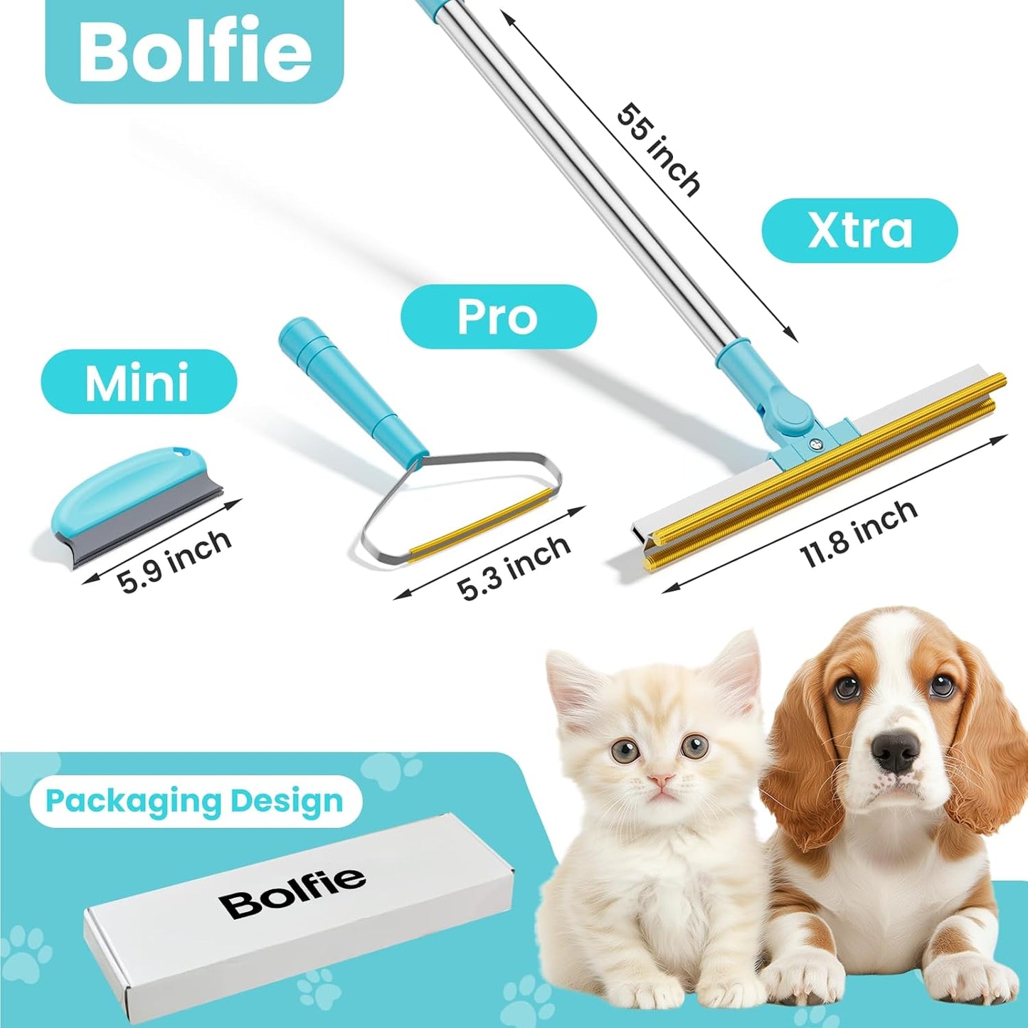 Bolfie 3 in 1 Carpet Rake for Pet Hair Removal, Tool Set of 3.